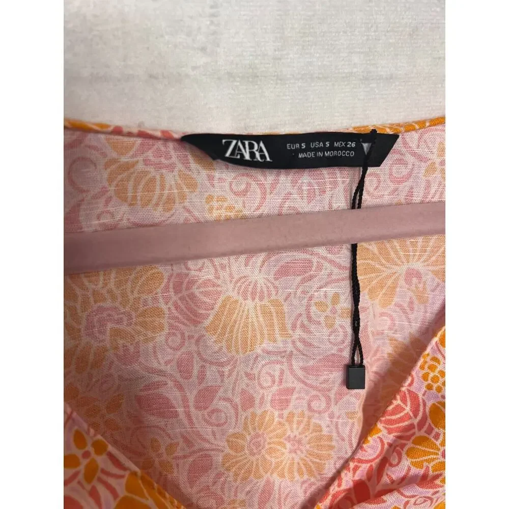 Zara crop top Pink Floral orange Women's Blouse Short Sleeve size S - Picture 3 of 4